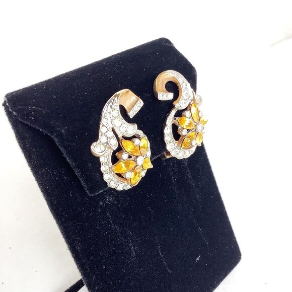 Signed NORDIC Topaz Amber Rhinestones Earrings Vintage Clip On Retro Design - Picture 3 of 6